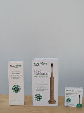 NIB Primal Life Real White Sonic Toothbrush Bundle + Bamboo Case & Refills